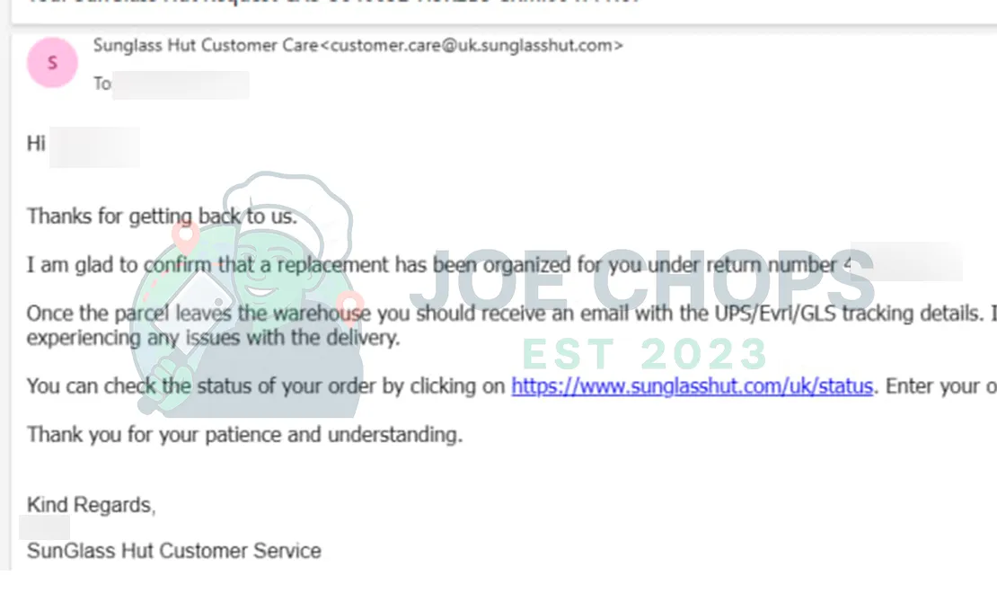 Sunglass Hut Order Success